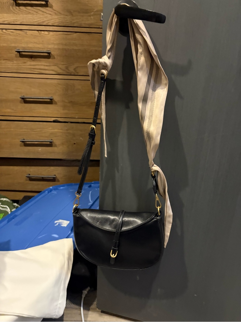 Classic Black Saddle Crossbody Bag with Scarf Strap